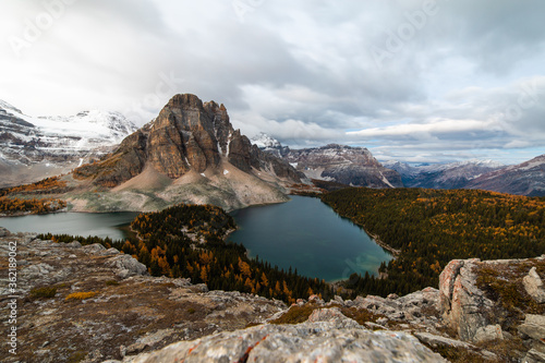 high view of mountain lakes with tall peak with snow on top