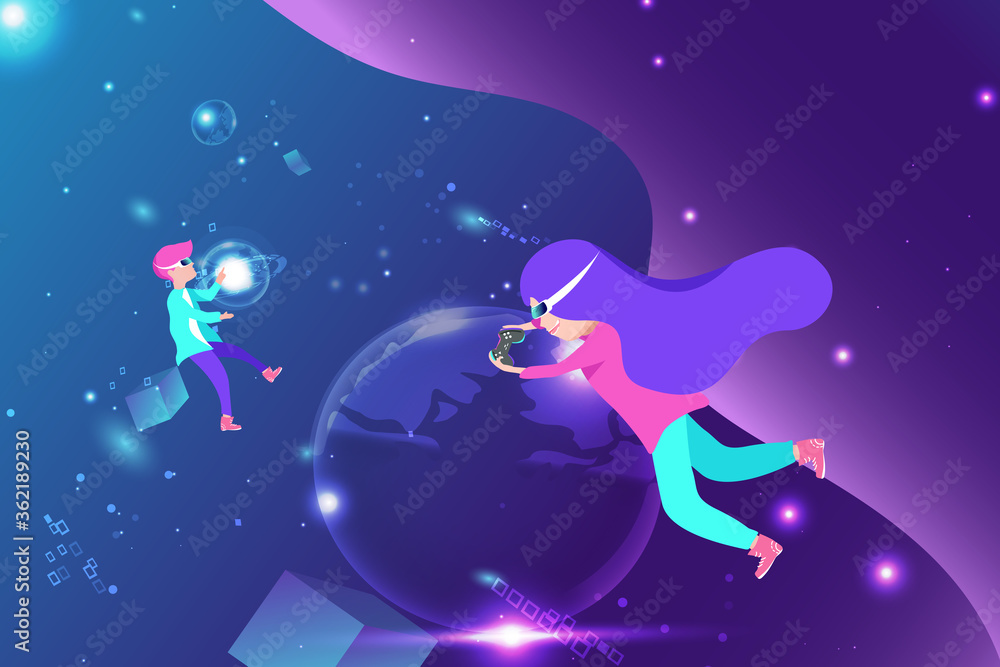 A boy and girl adventure in galaxy with VR headset video game, virtual reality space astronomy concept vector illustration A boy and girl adventure in galaxy with VR headset video game, virtual reality space astronomy concept vector illustration