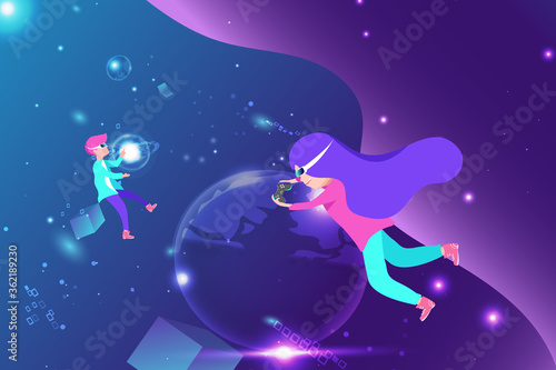A boy and girl adventure in galaxy with VR headset video game  virtual reality space astronomy concept vector illustration