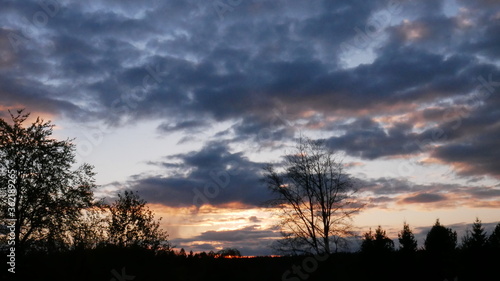 Sonnenuntergang mit ein Paar Wolken und Bäumen
