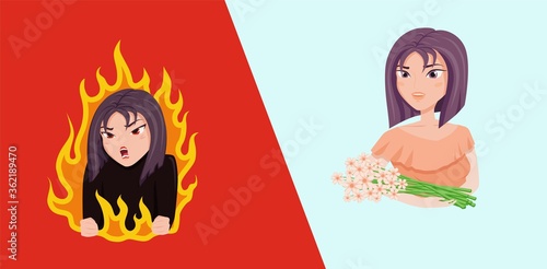 Angry and cute beautiful girl. Furious wicked woman blazing fire happy smiling with flowers stylish hairstyle female cartoon mood swings from positive to negative emotional vector.