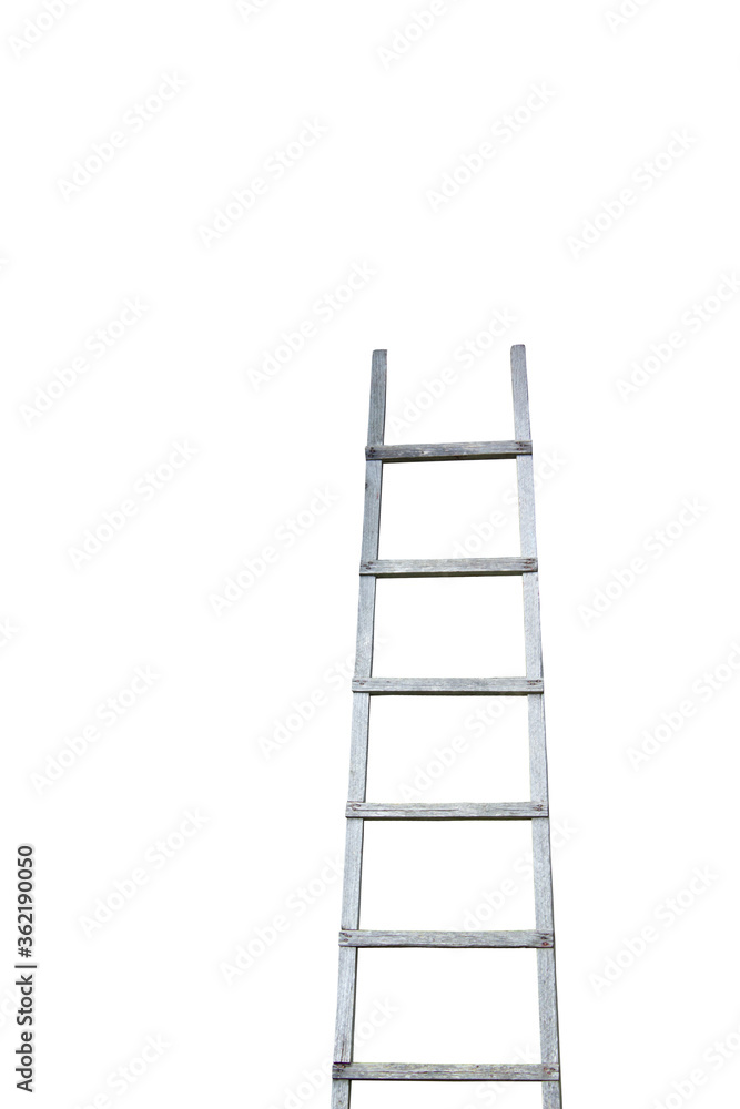 Old rustic wooden faded ladder isolated on a white background.