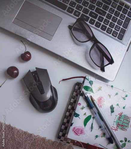 Flatlay Freelance. remote work. Laptop, coffee, morning