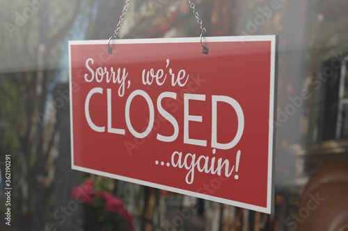 Konstfotografi We're closed again red door sign hanging on a glass door in a store, shop, cafe,