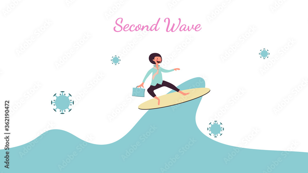 Second wave outbreak concept, coronavirus covid-19 and second wave alphabet isolate on white background, businessman smiling and play surf, pink cheek character holding office bag, vector illustration