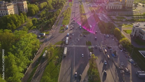 moscow university lomonosov avenue traffic aerial sunset flight over panorama 4k russia