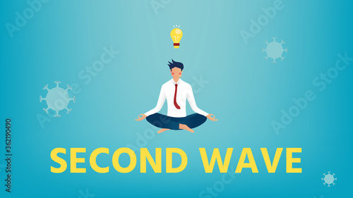 Businessman meditating and floating on "SECOND WAVE" lettering, yellow light bulb above head, pink cheek character on gradient blue background, vector illustration for graphic design, business banner