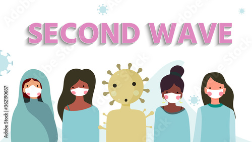 Defense concept of the second wave outbreak, cute character wearing mask, second wave alphabet and coronavirus background, vector illustration for graphic design, website or banner, pink cheek girl