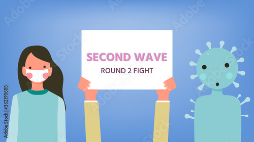 Defense concept of second outbreak, pink cheek girl and coronavirus isolated on blue background, second wave alphabet on boxing board, Relaxing pastel colors, vector illustration for graphic design