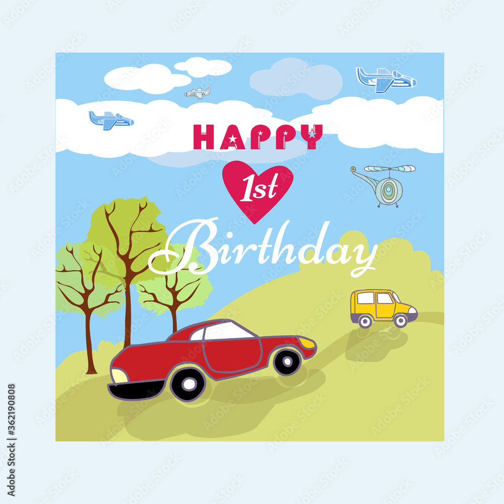 Congratulation Happy Birthday card with red and yellow cars