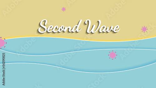 Second wave lettering and coronavirus covid-19,  isolated on pastel background vector illustration for graphic design, website or banner, paper cut