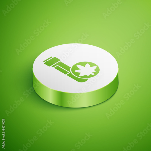 Isometric Chemical test tube with marijuana or cannabis leaf icon isolated on green background. Research concept. Laboratory CBD oil. White circle button. Vector Illustration