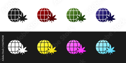 Set Legalize marijuana or cannabis globe symbol icon isolated on black and white background. Hemp symbol.  Vector Illustration
