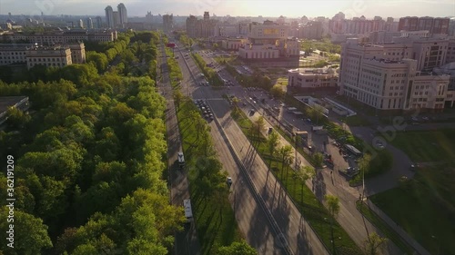 sunset time moscow state university traffic lomonosov avenue aerial flight over panorama 4k russia