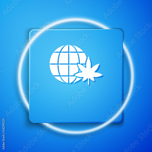 White Legalize marijuana or cannabis globe symbol icon isolated on blue background. Hemp symbol. Blue square button. Vector Illustration