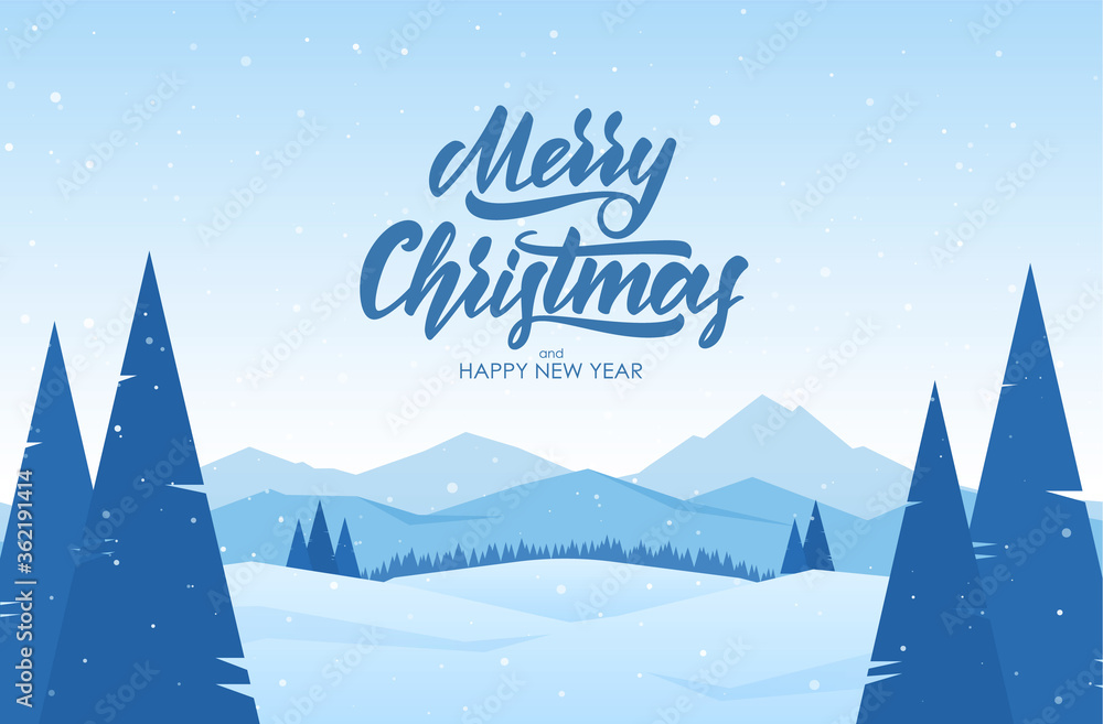Mountains winter snowy landscape with hand lettering of Merry Christmas