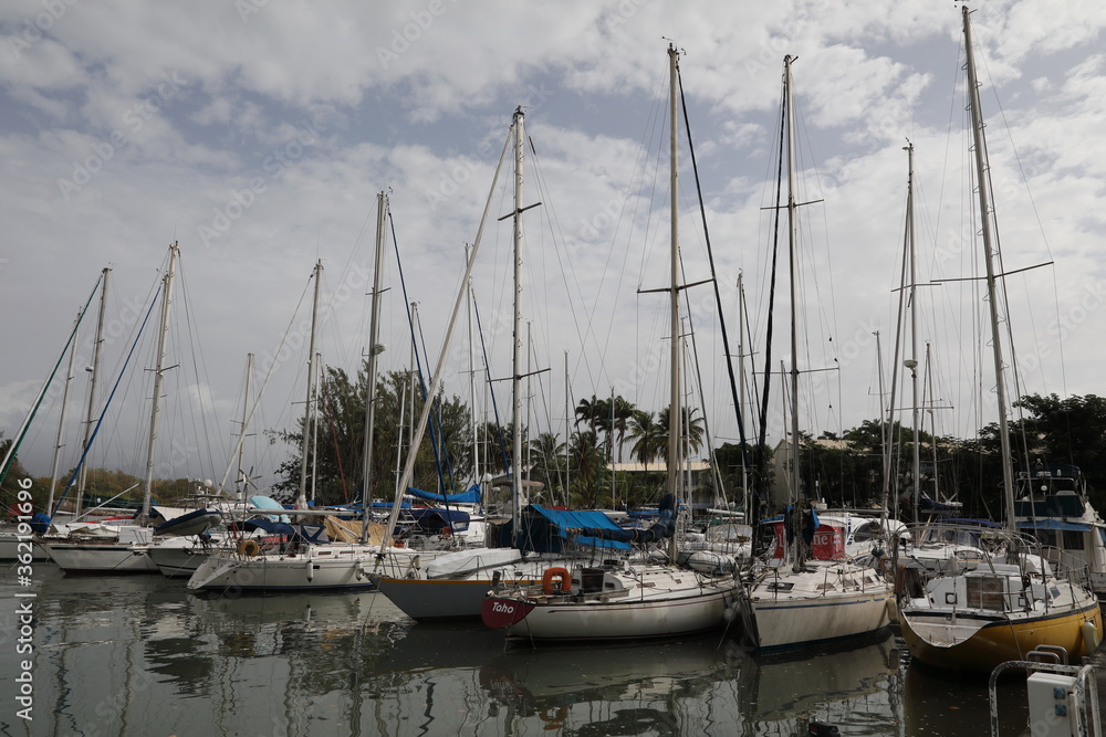 Pointe du Bout, Martinique - April 17 2018: Harbor of Pointe du Bout on Martinique; sailboats