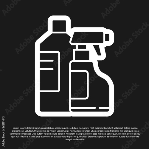 Black Plastic bottles for laundry detergent, bleach, dishwashing liquid or another cleaning agent icon isolated on black background.  Vector Illustration