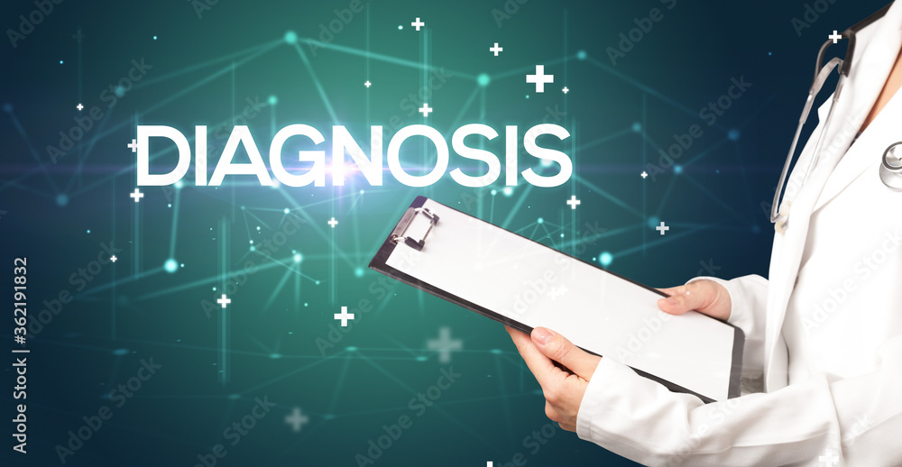 Doctor fills out medical record with DIAGNOSIS inscription, medical concept Doctor fills out medical record with DIAGNOSIS inscription, medical concept