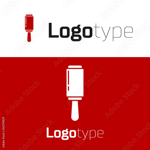 Red Adhesive roller for cleaning clothes icon isolated on white background. Getting rid of debris, dust, hair, fluff, pet wool. Logo design template element. Vector Illustration