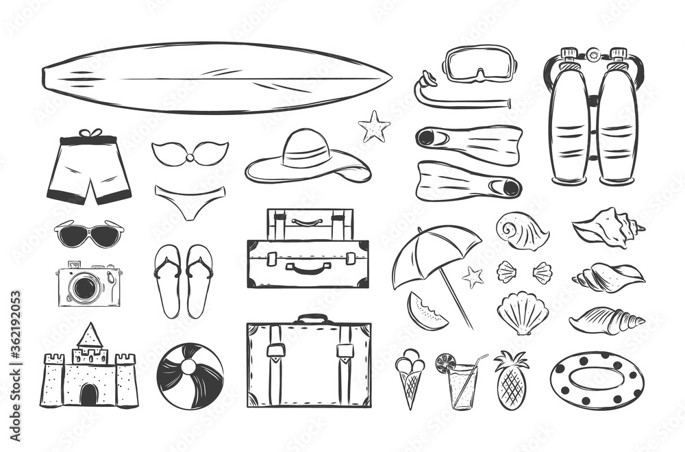 Fototapeta premium Hand drawn set of Summer sea vacation elements. Sketch design