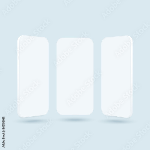 Three smartphones vector mockup. Trendy clay mobile phones with blank screen for design app.