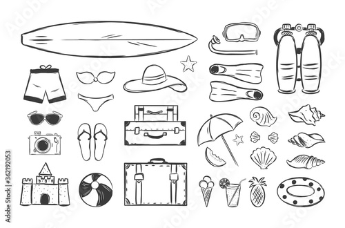 Hand drawn set of Summer sea vacation elements. Sketch design