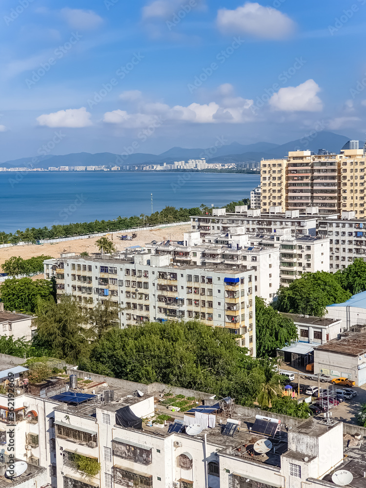 Panorama view of sea and Sanya city on Hainan island, China