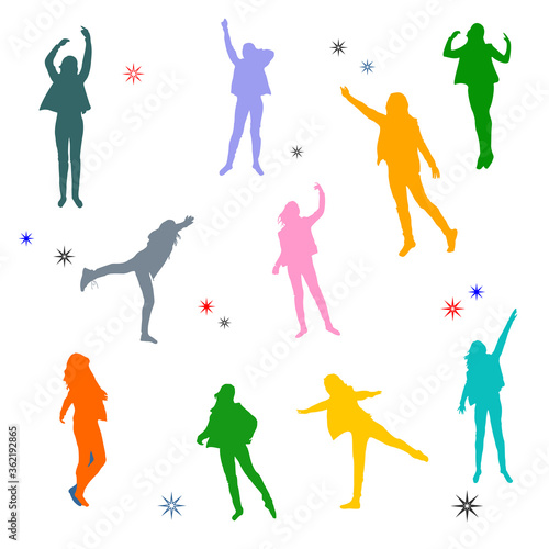 Abstract seamless pattern with images of silhouettes of multi-colored female figures in dance. Vector on a white background with little stars