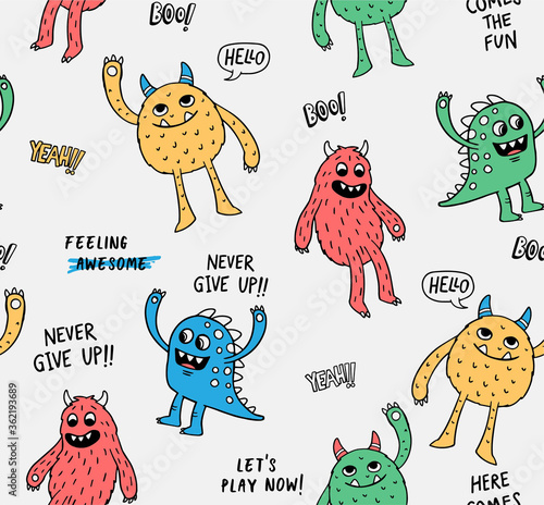 Hand drawn seamless pattern with cute monster  cartoons. Vector graphics for t-shirt prints and other uses