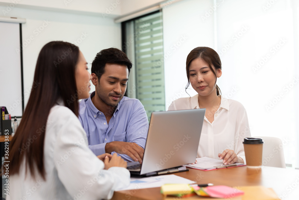 Asian business man and women meeting and talk about job in office. Asian business man and women meeting and talk about job in office.