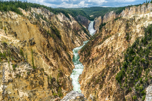 Lower falls of the Yellowstone River rushing through a deep cut canyon through yellow and brown volcanic rock, Yellowstone National Park