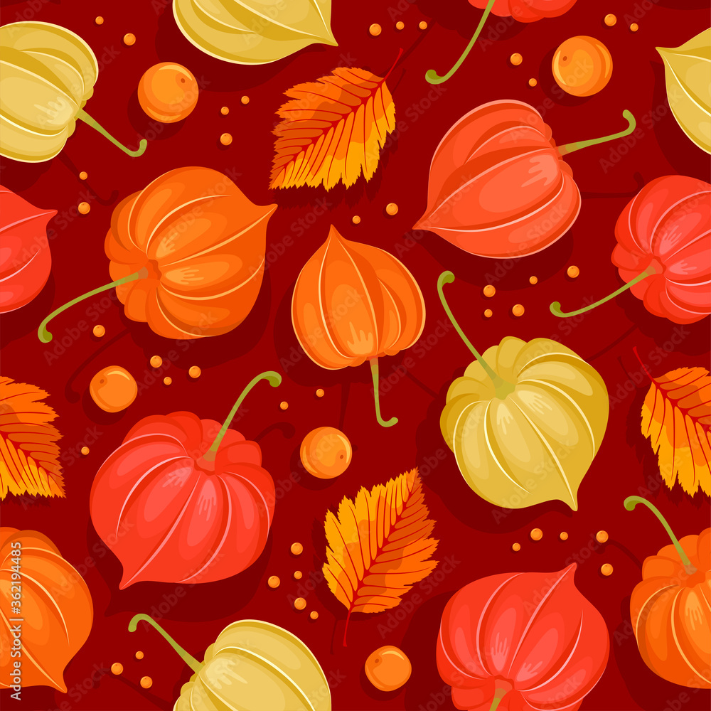 Seamless pattern in red and orange tones with autumn leaves and physalis franchetii. Fall background. Vector illustration. Seamless pattern in red and orange tones with autumn leaves and physalis franchetii. Fall background. Vector illustration.