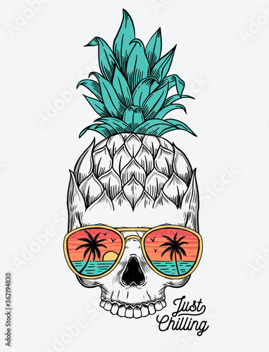 Hand drawn vector pineapple skull and sunglasses. For apparel prints, posters and other uses.