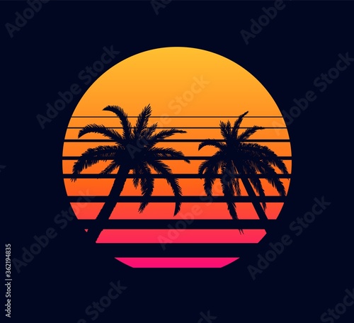 Retro sunset orange pink. Evening rays setting sun two palm trees against background of an abstract in strip electronic synthwave design in style of 80 fantastic grid of futuristic vector landscape.