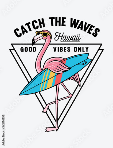 Surfer flamingo vector illustration for t-shirt prints and other uses.