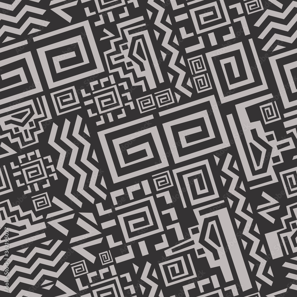 Ethnic tribal pattern seamless. Geometric aztec abstract monochrome pattern fashionable illustration wavy lines and twisted into squares decorative art of Peruvian vector decor.