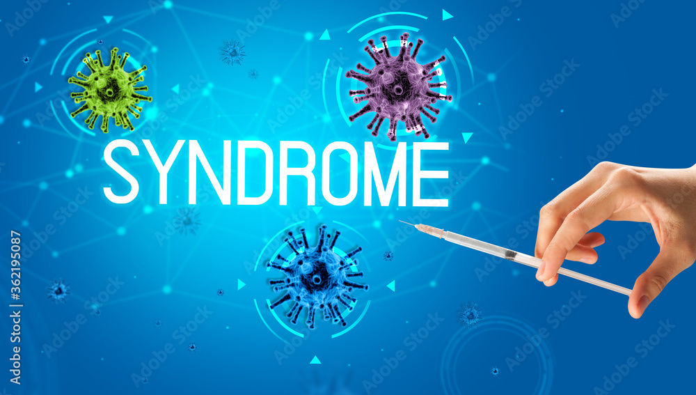 Syringe, medical injection in hand with SYNDROME inscription, coronavirus vaccine concept Syringe, medical injection in hand with SYNDROME inscription, coronavirus vaccine concept