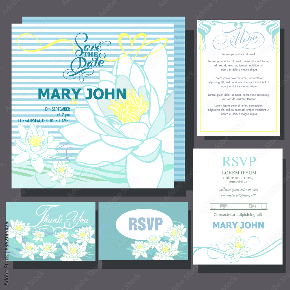 Wedding invitations card with lotus flowers. RSVP card, menu design.