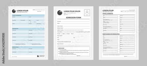 Application form set. Prepared forms for registering filling personal data business contract for entering work documentation traveling abroad information about studies credit vector and loan paper.