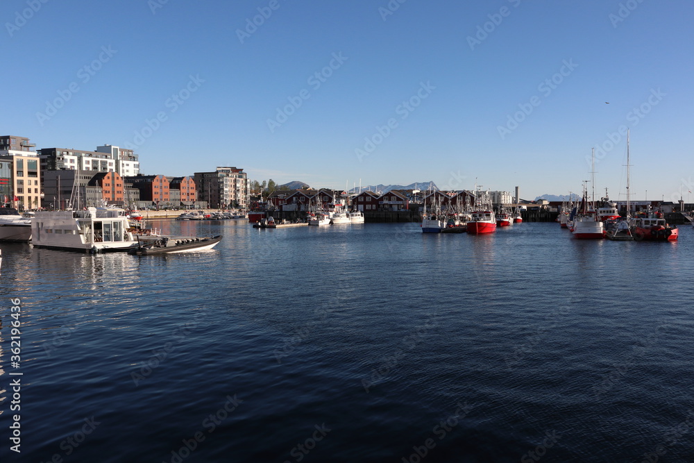 Bodo, / Norway - June 14 2019: Harbour area in town center of Bodo, Norway
