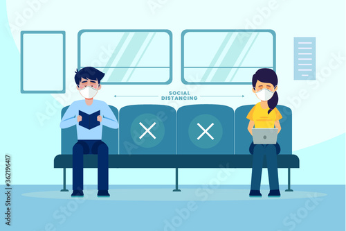 man and woman wearing a mask in public transportation, people with medical mask keep physical distancing to prevent covid 19, 