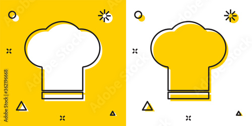 Black Chef hat icon isolated on yellow and white background. Cooking symbol. Cooks hat. Random dynamic shapes. Vector Illustration.