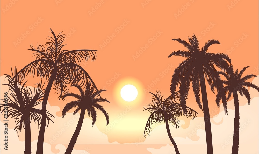 Sunset in cloudy haze silhouettes of palm trees. Tropical beach in orange fog background setting sun beautiful paradise coast resort romantic lagoon with exotic vector evening.