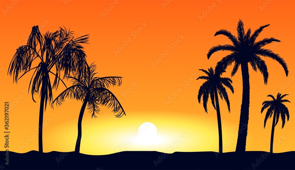 Orange tropical sunset silhouettes of palm trees. Tropical beach on background yellow setting sun beautiful paradise coast resort romantic lagoon with exotic vector evening.
