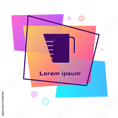 Purple Measuring cup to measure dry and liquid food icon isolated on white background. Plastic graduated beaker with handle. Color rectangle button. Vector Illustration.