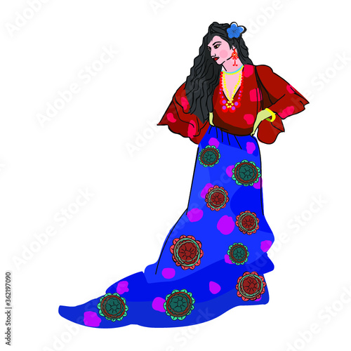 Gypsy illustration. Gypsy woman vector illustration. A sketch girl in a Gypsy dress.
