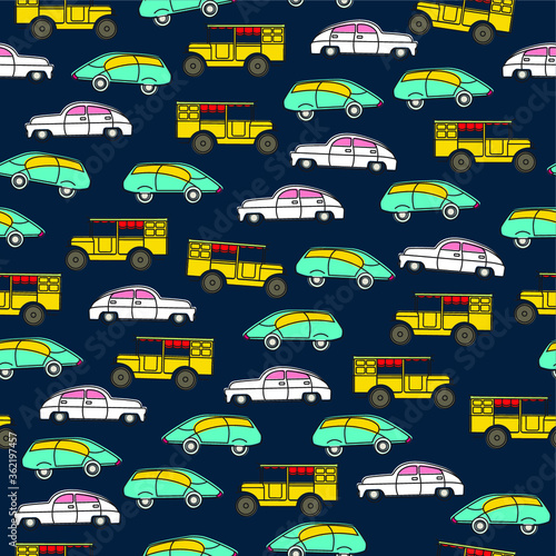 Seamless pattern for boys with retro toy cars. Vintage cars baby pattern. The flow of traffic
