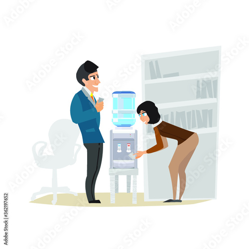The office staff at the water cooler. A break in the office. Managers in the office vector illustration