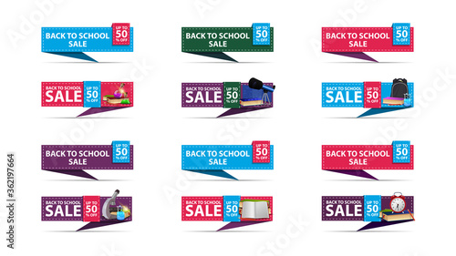 Back to school sale, up to 50% off, set of colorful discount banners in the form of textile marker decorated with school supplies